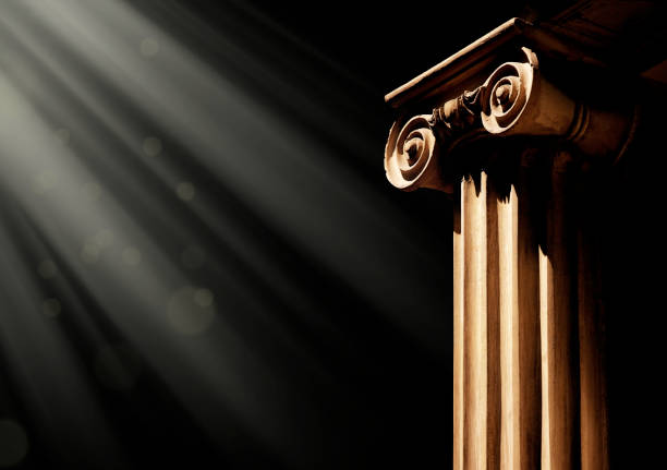 Ancient Greek column stands in a warm, golden room highlighting architectural elegance and design. This is a 3d render illustration