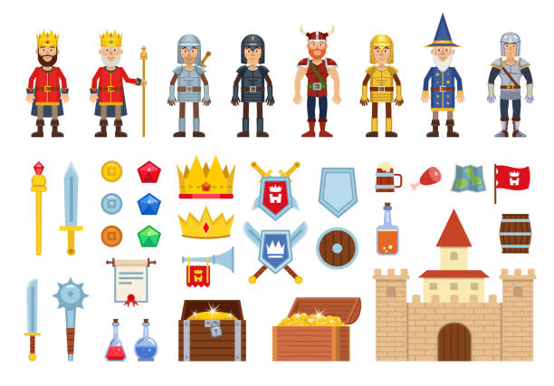 istock Set of medieval characters and various design elements. Icons of king, knight, warrior, wizard, viking, castle, treasure chest and other fantasy elements 1154706615