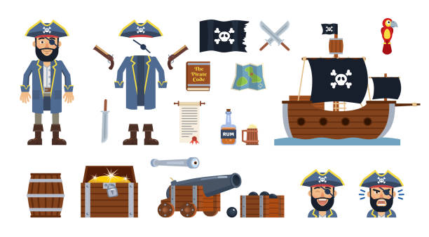 Pirate captain with diverse pirate icons, elements. Hat, clothes, flag, ship, sword, pistol, cannon, treasure map, chest, barrel, scroll and other icons Flat style vector illustration cannon artillery stock illustrations
