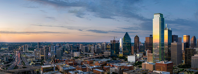 Dallas skyline at sunset aerial panorama
