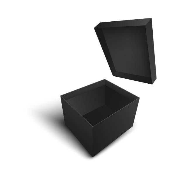 istock Top view of black open blank square box with flying cover realistic style 1154711034
