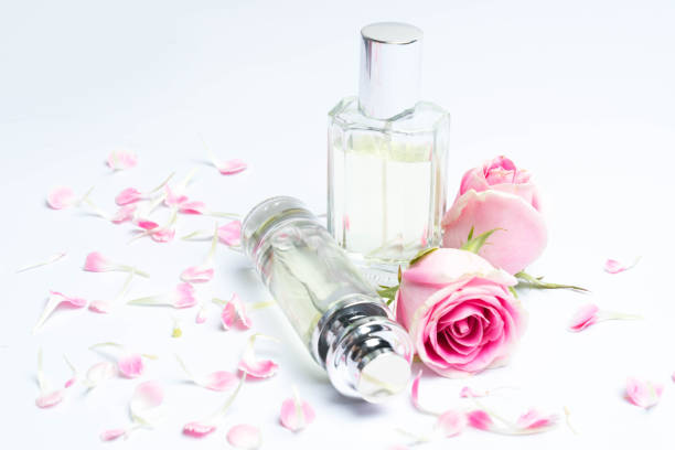 istock Beautiful perfume bottles  and rose on white background 1154711878