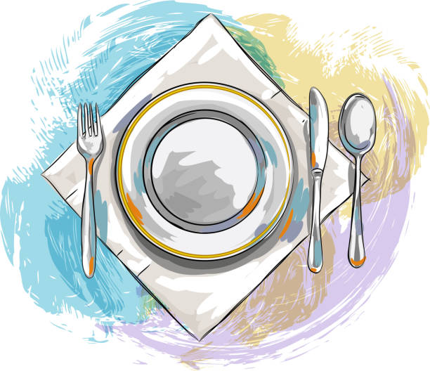 ilustrações, clipart, desenhos animados e ícones de definição do local desenho - fork place setting silverware plate