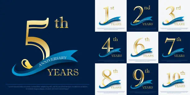 Vector illustration of set of 1st-10th elegance golden anniversary celebration emblem with blue ribbon, anniversary logo design for web, game, poster, booklet, leaflet, flyer, magazine, greeting card and invitation card