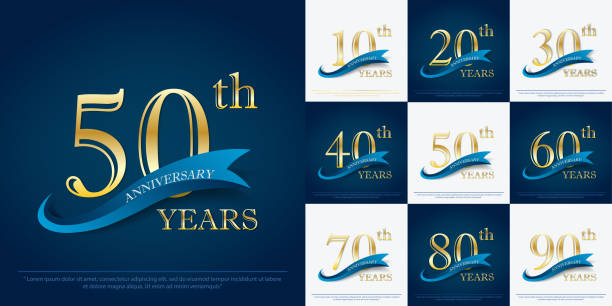 ilustrações de stock, clip art, desenhos animados e ícones de set of 10th-90th elegance golden anniversary celebration emblem with blue ribbon, anniversary logo design for web, game, poster, booklet, leaflet, flyer, magazine, greeting card and invitation card - anniversary