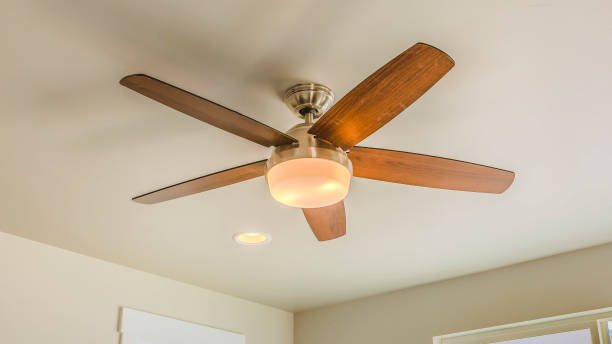 istock Panorama frame Ceiling fan with wooden five blade design and built in light 1154715025