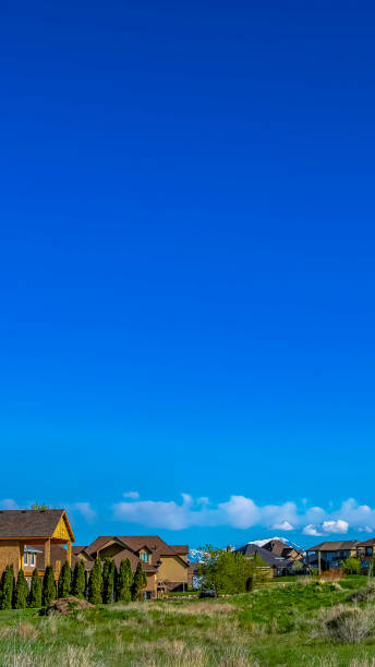 istock Vertical tall frame Houses on a vast grassy terrain with rich blue sky background on a sunny day 1154715107