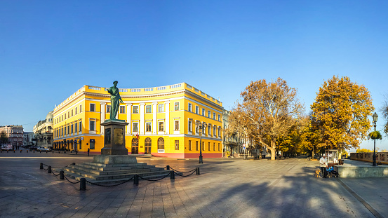 Odessa, Ukraine - 09.11.2018. Early autumn morning on Primorsky Boulevard in Odessa, Ukraine. Panoramic view