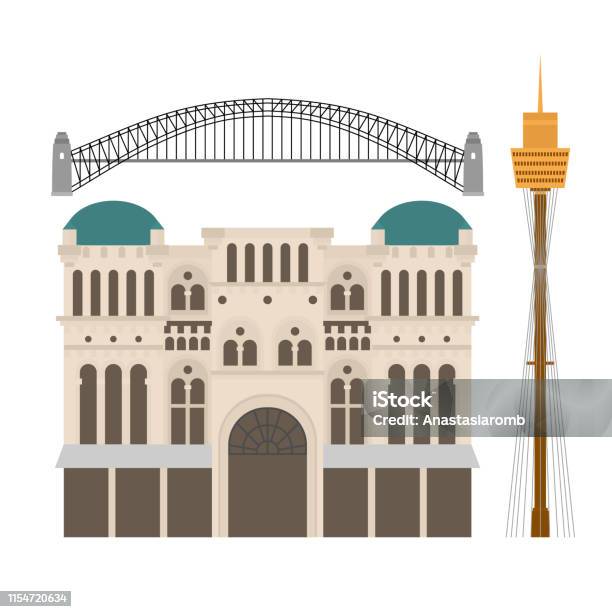 Flat Sightseeing And Landmark Architecture Of Australia Queen Victoria Building Harbour Bridge Sydney Tower Stock Illustration - Download Image Now