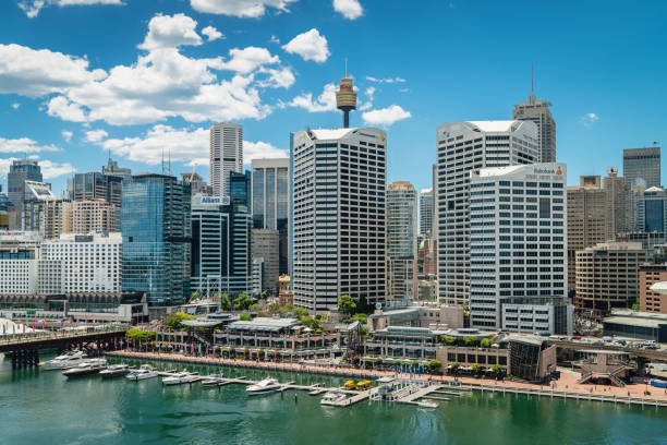 sydney skyline darling harbor cityscape view australia - darling harbor imagens e fotografias de stock