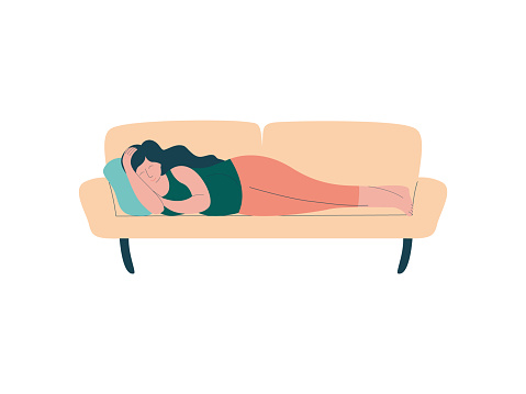 Attractive Brunette Pregnant Woman Sleeping on Sofa, Happy Pregnancy, Maternal Health Care Vector Illustration