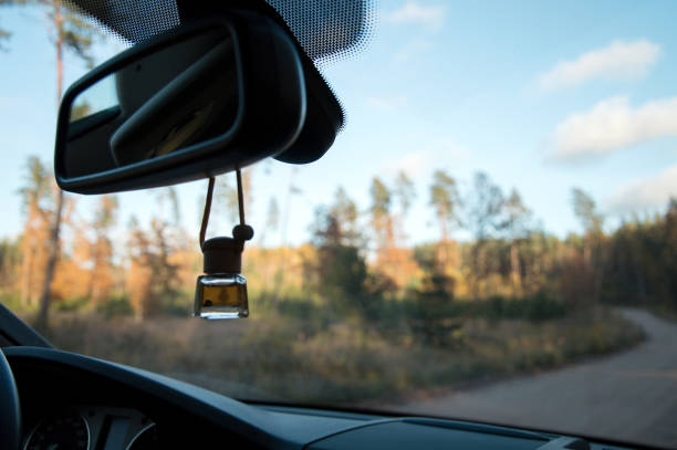 istock Road trip in autumn or early spring. View through windscreen from front passenger seat. Car air freshener hanging from rear mirror holder 1154722728