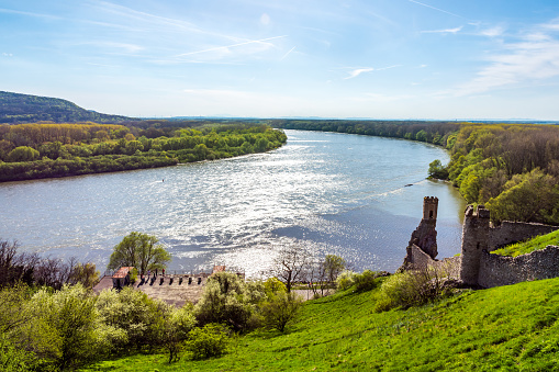 The Danube and Morava river together near the Devin castle, Slovakia. Summer weather, blue sky.