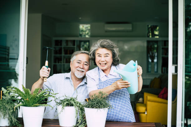 istock Elderly couples talking together and plant a trees in pots. 1154723923