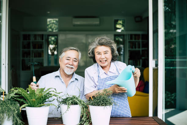 istock Elderly couples talking together and plant a trees in pots. 1154723950