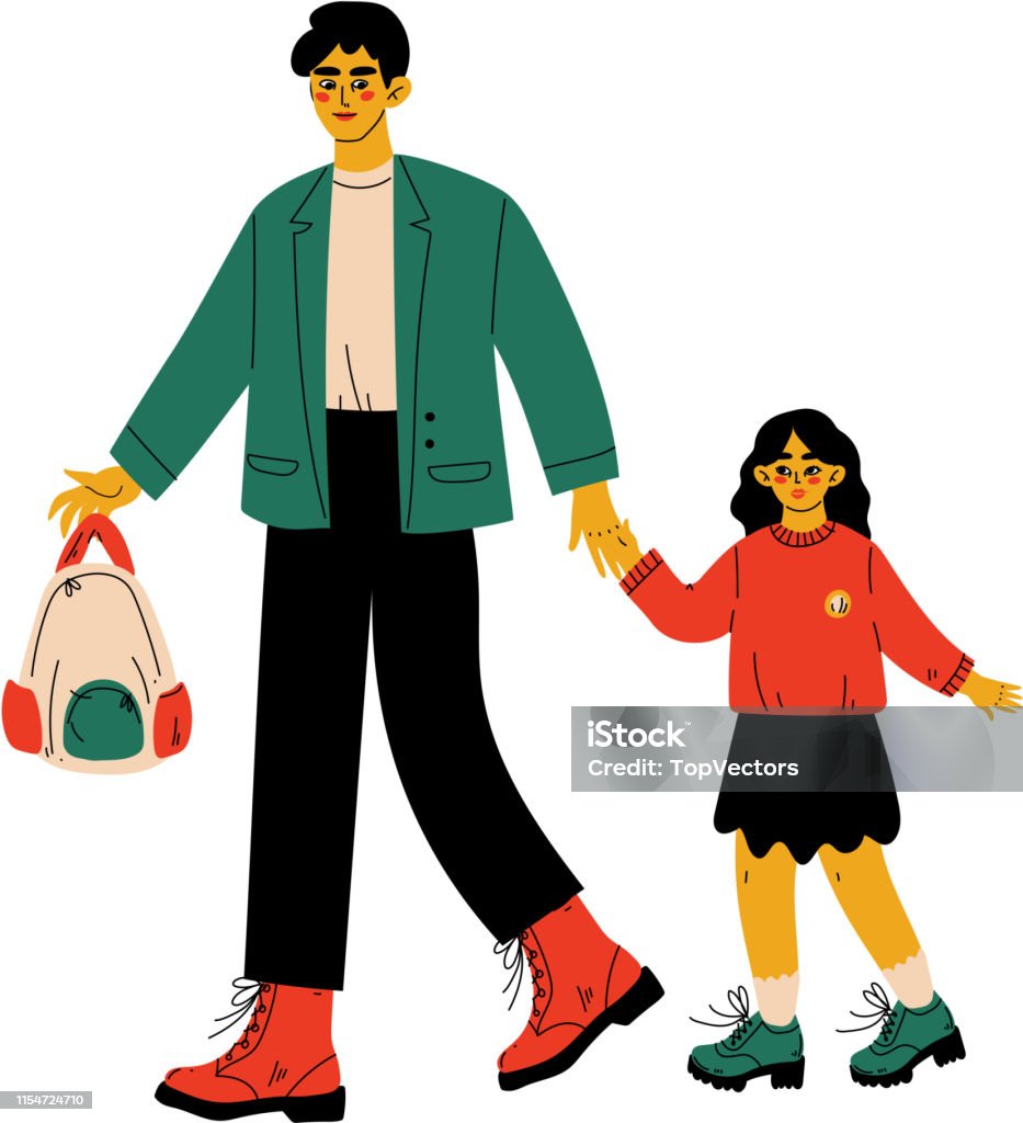 Người Cha Dẫn Con Gái Đến Trường Cô Gái Dễ Thương Và Cha Đi Bộ ...