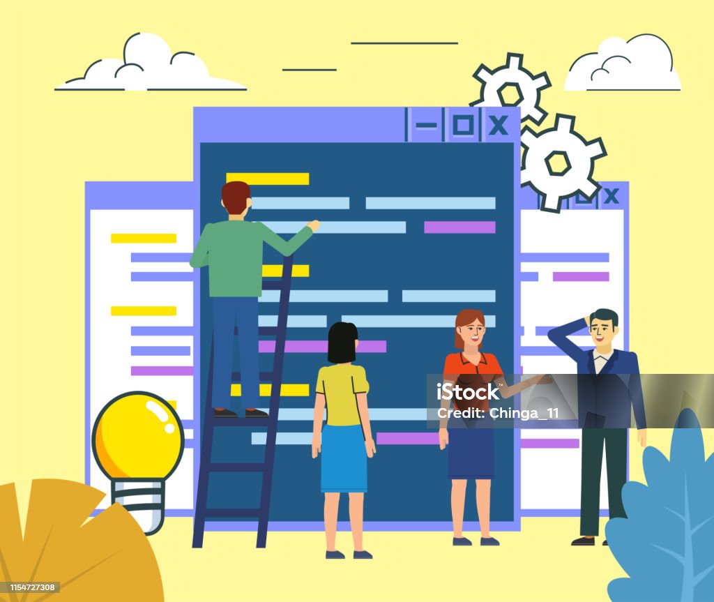People Coding Project Image Software Development Team Coding People Stand Near Big Pages With Code ...