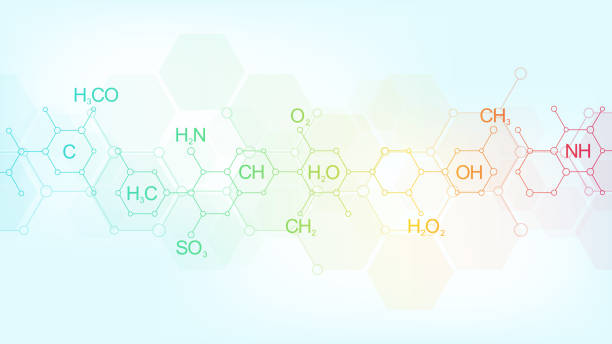 Abstract chemistry pattern on soft blue background with chemical formulas and molecular structures. Template design with concept and idea for science and innovation technology. Abstract chemistry pattern on soft blue background with chemical formulas and molecular structures. Template design with concept and idea for science and innovation technology chemical reaction stock illustrations