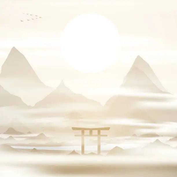 Vector illustration of Japan, mountains  in fog Torii gate, temple in the background