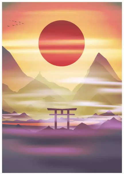 Vector illustration of Japan, sunrise mountains in fog Torii gate, temple in the background