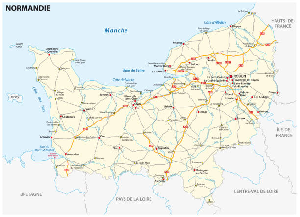 ilustraciones, imágenes clip art, dibujos animados e iconos de stock de mapa de carreteras de la nueva región francesa de normandía en lengua francesa - normandía