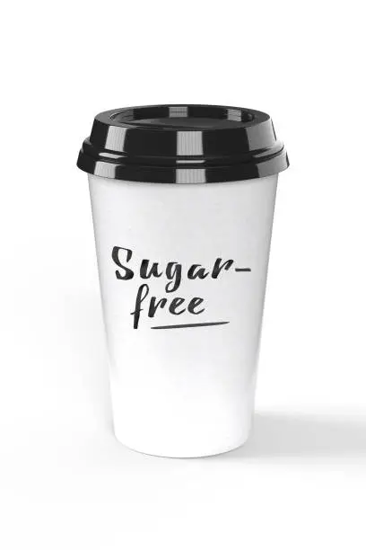 Realistic coffee to-go cup mockup with handwritten Sugarfree lettering - Isolated packaging template easy to customize, 3D rendering on white background