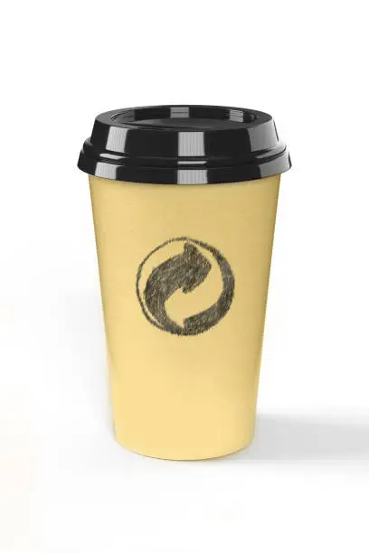Realistic coffee to-go cup mockup with handwritten Recyclable icon - Isolated packaging template easy to customize, 3D rendering on white background