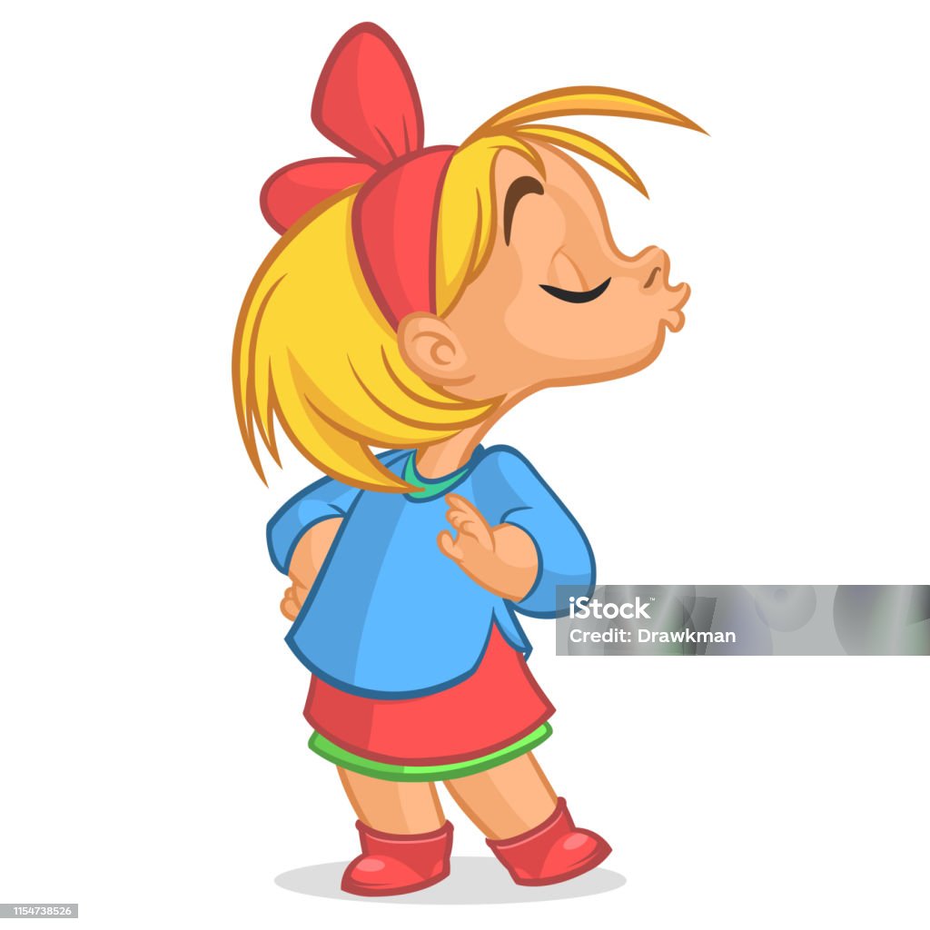 Funny And Happy Cartoon Little Girl Sending A Kiss Stock Illustration -  Download Image Now - iStock