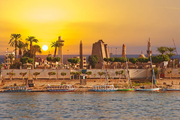 River Nile Luxor Egypt. View of Luxor’s business card - Karnak Temple stock photo