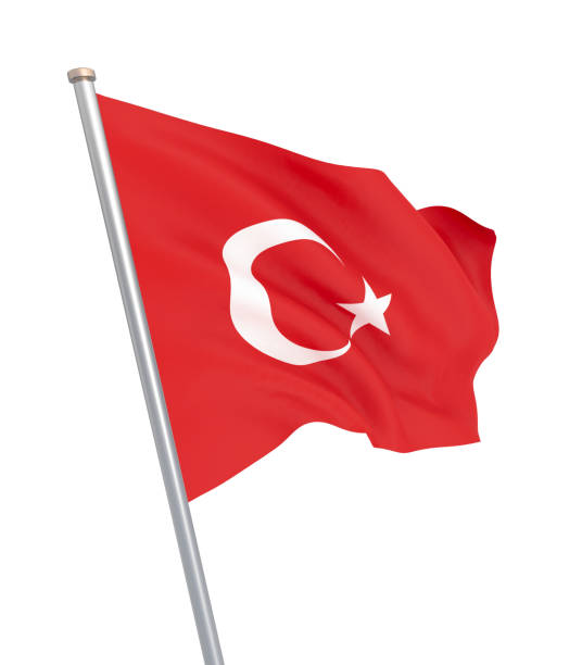 istock Turkey flag blowing in the wind. Background texture. 3d rendering; wave. Isolated on white. Illustration. 1154745259