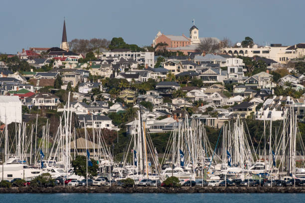 Auckland City Auckland City distant view from Northcote, New Zealand north shore stock pictures, royalty-free photos & images