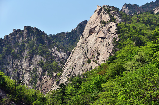 Diamond mountains. DPRK. Mt.Kumgang trekking route. Amazing scenery. Red korean pine trees and maples on the rocks