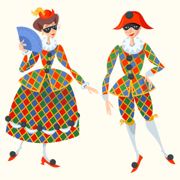 harlekin und columbina. charaktere der italienischen commedia dell ' arte. - jester joker clown silhouette stock-grafiken, -clipart, -cartoons und -symbole