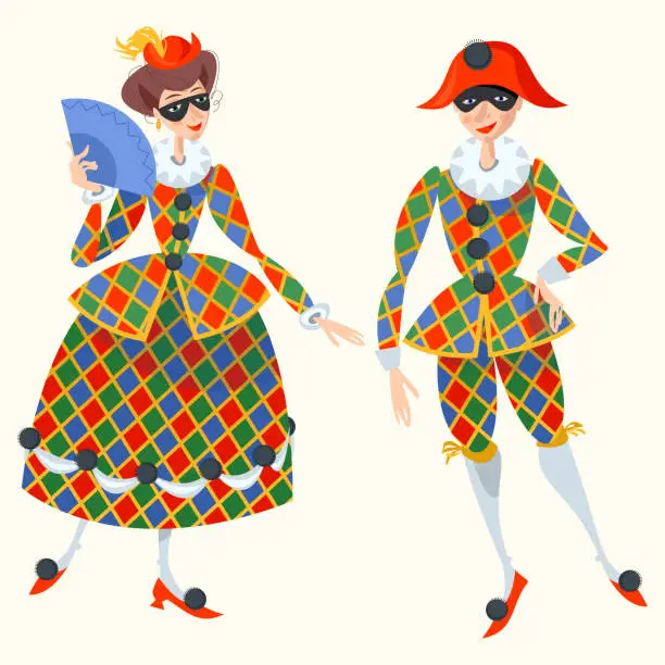 Vector illustration of Harlequin and Columbina. Characters of Italian commedia dell’arte.