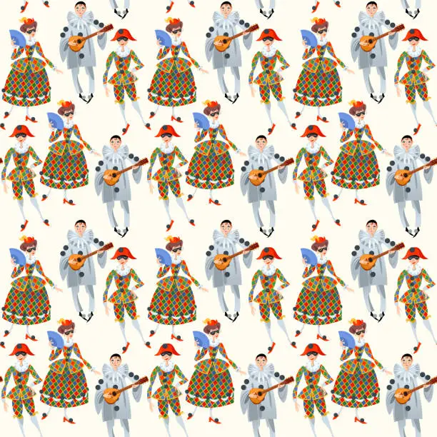 Vector illustration of Harlequin, Columbina and Pierrot. Characters of Italian commedia dell’arte. Seamless background pattern.