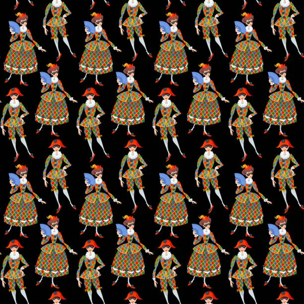 Vector illustration of Harlequin and Columbina. Characters of Italian commedia dell’arte. Seamless background pattern.