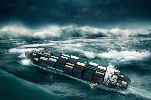 Container ship is hit by a huge wave in the storm