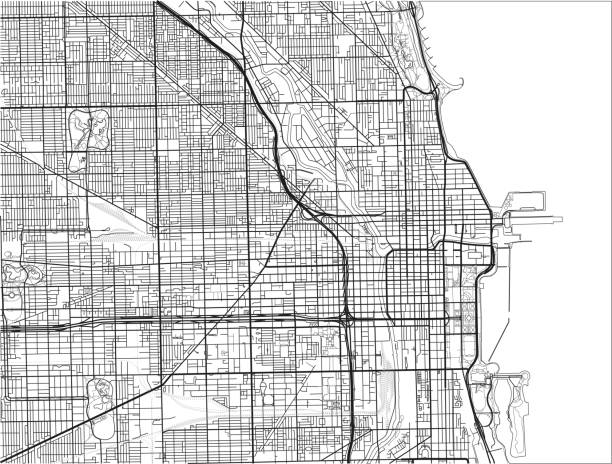 ilustraciones, imágenes clip art, dibujos animados e iconos de stock de mapa vectorial blanco y negro de la ciudad de chicago. - mapa de la ciudad