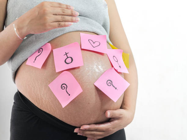 istock Body part pregnant belly with pink sticky notes on white background. 1154751700