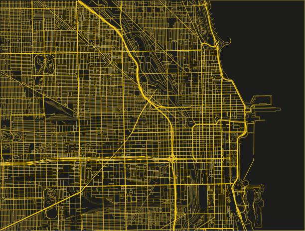 ilustraciones, imágenes clip art, dibujos animados e iconos de stock de mapa vectorial negro y amarillo de la ciudad de chicago. - chicago