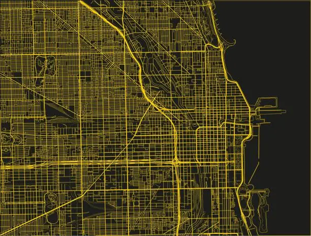 Vector illustration of Black and yellow vector city map of Chicago.