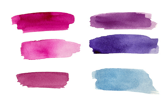 Set of purple, blue and pink colorful watercolor blot on white background. The color splashing in the paper. It is a hand drawn picture