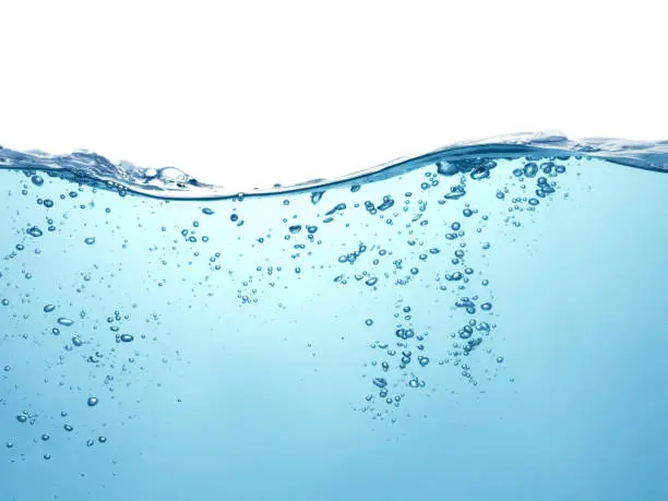 pure blue water with air bubbles on white background