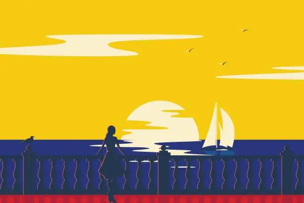 Vector illustration of Woman on the promenade on the seashore looks at the sailboat. Nature landscape and seascape. Vintage retro poster.