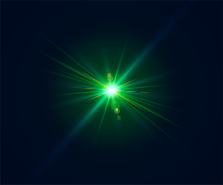 Glowing lens flare. Beautiful glare effect with bokeh, glitter particles and rays. Sparkling green light effects of flash with colorful twinkle. Shining abstract background. Vector illustration.