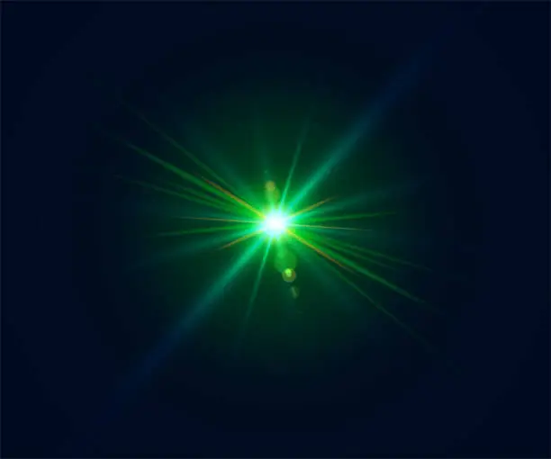 Vector illustration of Glowing lens flare. Beautiful glare effect with bokeh, glitter particles and rays. Sparkling green light effects of flash with colorful twinkle.