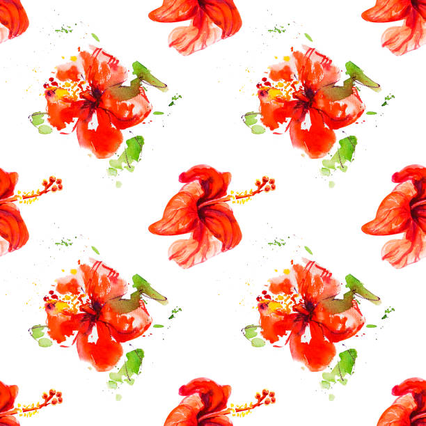 istock Beautiful red hibiscus flowers seamless pattern. Watercolor painting. 1154758235