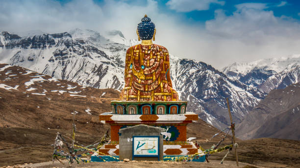 Lord Buddha Lord Buddha overlooking the langza village, This village is very famous of it's old fossils. lahaul and spiti district photos stock pictures, royalty-free photos & images
