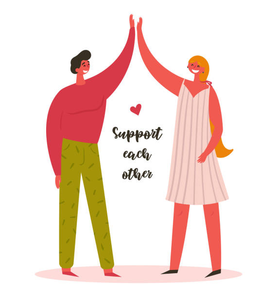 Support each other. Man and woman give five Support each other. Man and woman give five to each other. Concept of help. Friendship is support and help. Couple of two happy smiling people. Vector flat illustration clingy girlfriend stock illustrations