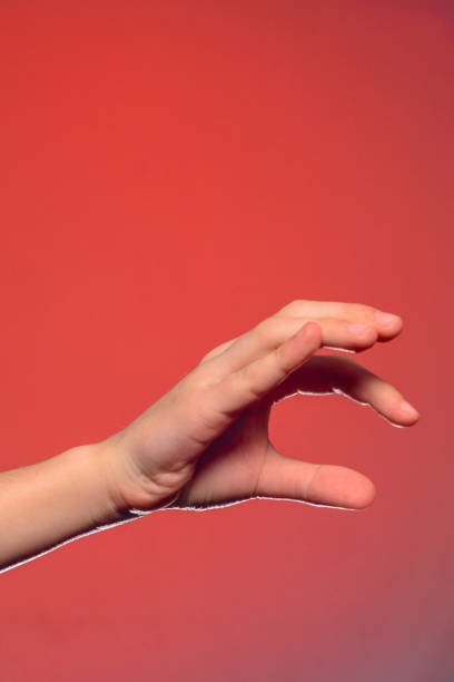 istock Human hand, folded together to take a little small, isolated on a red background 1154760069